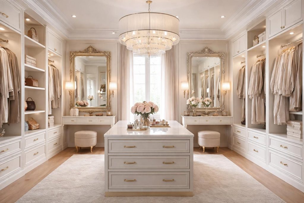 aménagez un dressing féminin élégant avec des miroirs baroque et des luminaires raffinés de la redoute intérieurs pour un espace chic et lumineux.