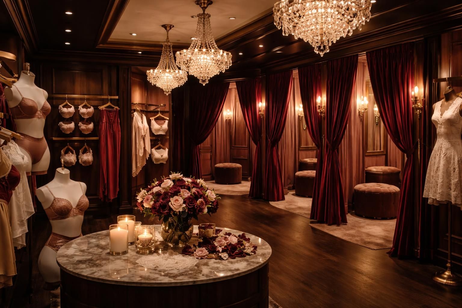 découvrez notre boutique intime offrant une ambiance chaleureuse avec un éclairage tamisé et des cabines d'essayage élégamment tapissées de velours pour une expérience unique et confortable.