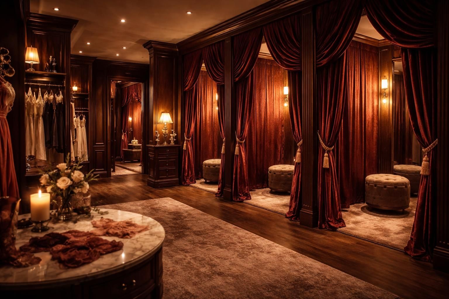 découvrez notre boutique intime avec éclairage tamisé et cabines d'essayage luxueuses tapissées de velours, pour une expérience shopping élégante et confortable.