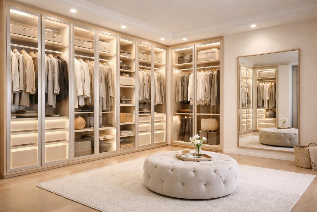 découvrez comment créer un dressing luxueux avec les penderies pax, un éclairage led élégant, les miroirs malm et une assise capitonnée pour un espace à la fois fonctionnel et raffiné.